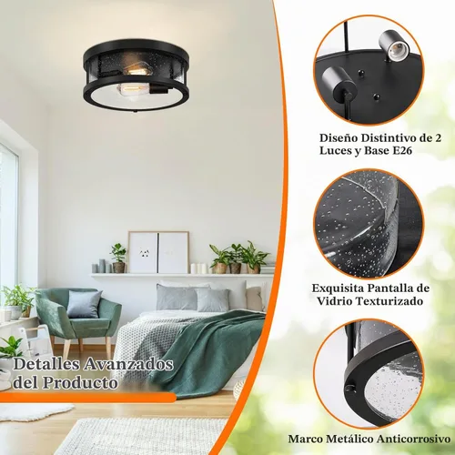 Vista 5 de Lámpara de techo negra de montaje al ras, lámpara de estilo rústico con pantalla de cristal granulado, iluminación industrial de 2 luces cerca