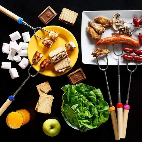 Vista 7 de Marshmallow - Palos de asado con mango de madera, tenedores telescópicos de 32 in con bolsa portátil para fogata de perro caliente