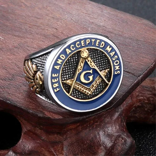 Vista 2 de Anillos de masón sin masones para hombre, de acero inoxidable, anillo de masón, plateado, azul, francmasonería, punk, motero, alianza de boda