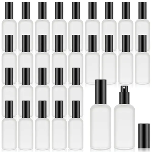 Vista 19 de Roshtia 30 botellas vacías decorativas transparentes de 0.33 onzas fluidas de color madera de haya con atomizador de perfume recargable, con bomba
