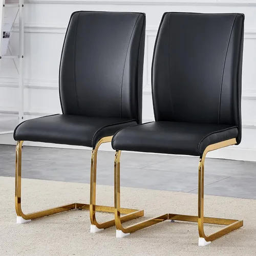 Vista 3 de Juego de 2 sillas de comedor modernas, sillas de cocina tapizadas de cuero, sillas de comedor sin brazos con respaldo alto y patas de metal dorado