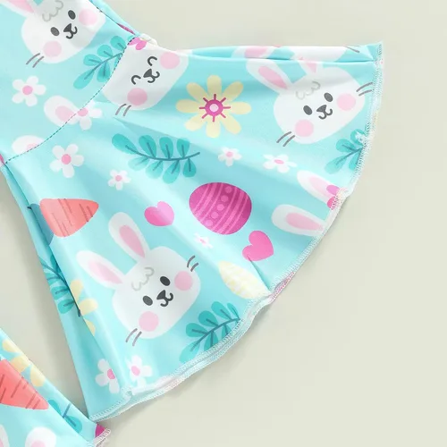 Vista 6 de Conjunto de ropa de verano con estampado de conejoletras, cuello redondo, parte superior de conejozanahoria, campana