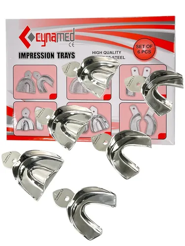 Vista 2 de Cynamed - Juego de 6 bandejas de impresión dental alemanas de acero inoxidable, 6 unidades, pequeñas, medianas, grandes, superiores e inferiores