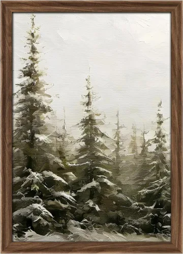 Vista 253 de MUDECOR Lienzo enmarcado prémium para pared, pinos nevados en bosque de invierno, ilustraciones modernas, arte contemporáneo, escénico, divertido