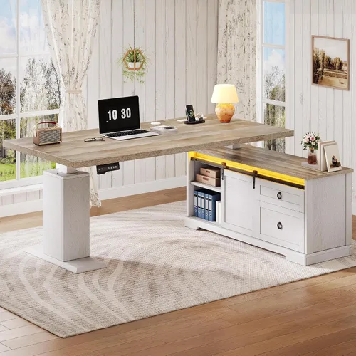 Vista 3 de YITAHOME - Escritorio de pie en forma de L con tomas de corriente y luces LED, 63" Escritorio eléctrico de granja ajustable en altura, estación