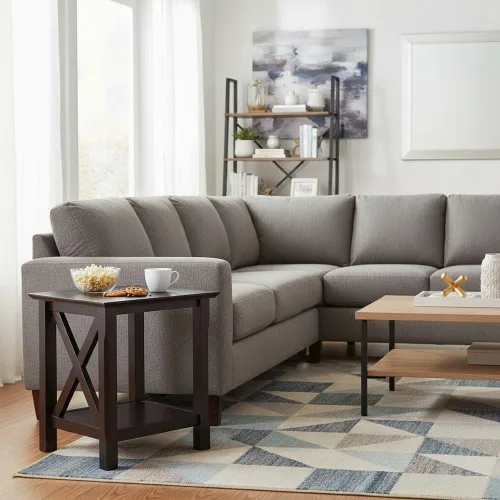 Vista 3 de Furnifact Mesa auxiliar, acabado marrón, paneles estilo X, estante de almacenamiento inferior, madera sólida/compuesta, capuchino, mesa de acento