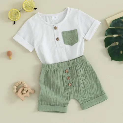 Vista 24 de Conjunto de ropa casual de manga corta con botones y pantalones cortos de lino para bebés y niños pequeños