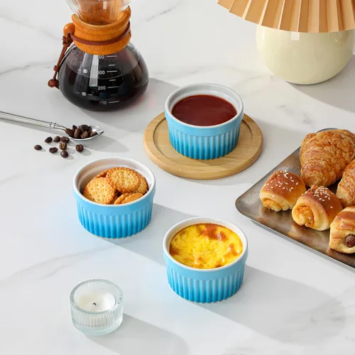 Vista 6 de MALACASA Ramequines de 119 ml aptos para horno, pequeños platos de soufflé cerámicos para crema brulée y soufflé, tazas de natillas de barro Azul