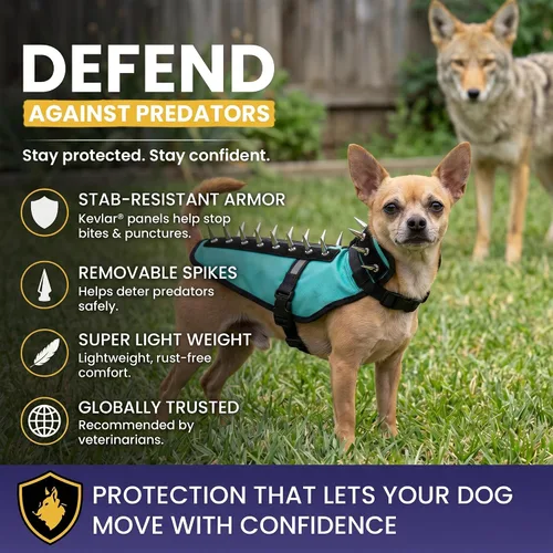 Vista 3 de CoyoteVest Chaleco Protector de Arnés para Perro, Accesorios Reflectantes para Perro con Picos para Proteger a tu Mascota de Ataques de Rapaces