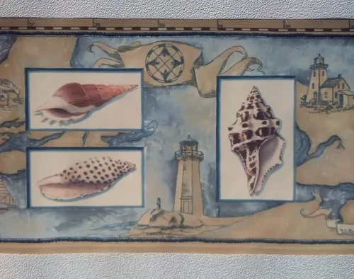 Vista 4 de Borde de pared náutico de concha de mar - Rollo de papel tapiz decorativo para habitación de playa