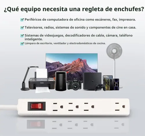 Vista 7 de PLUGTUL Regleta protectora contra sobretensiones, paquete de 2 – 4 tomas de corriente y cable de extensión de 2 pies, 1875 W/15 A 90 julios