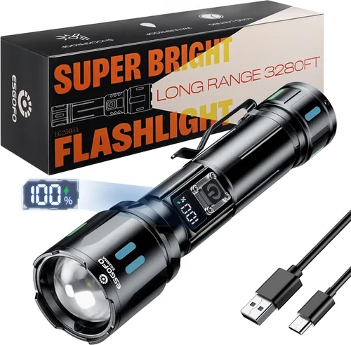 Vista 9 de Linterna Súper Brillante 10000 Lúmenes Altos Recargable, Potentes Luces LED Flash de Larga Distancia 3280ft, Larga Duración 10H Función de Descarga
