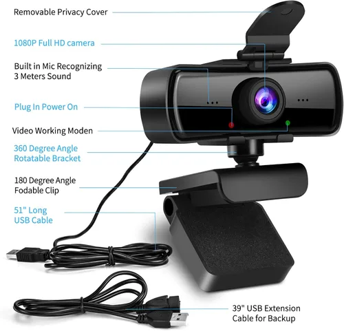Vista 6 de Cámara web HD 1080P con micrófono y cubierta de privacidad, cámara USB Plug & Play, cámara web de enfoque fijo de gran angular de 120°