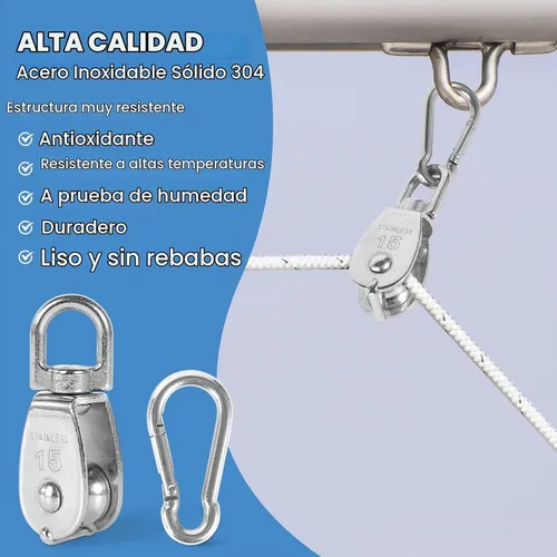Vista 3 de 2 piezas de bloque de polea simple de acero inoxidable 304 M15, cable de alambre colgante rueda de remolque, con 2 piezas de ganchos de resorte a