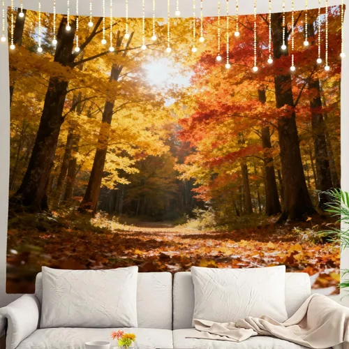 Vista 78 de Shrahala Tapiz de pared de hojas de arce otoñal, hojas rojas sin costuras sobre negro para colgar en la pared, tapiz grande decorativo de fibra