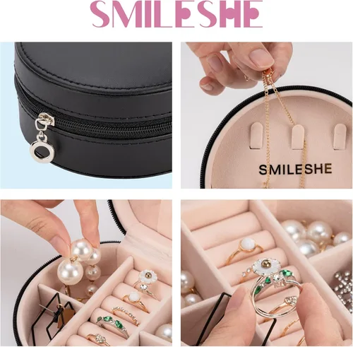Vista 3 de Smileshe Joyero de viaje, mini organizador portátil con cremallera, de piel sintética, pequeñas cajas de almacenamiento para anillos, aretes