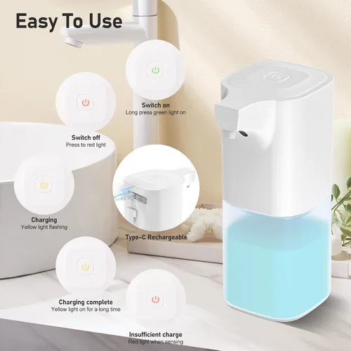 Vista 3 de Dispensador automático de jabón espumoso, espuma ajustable de 4 niveles, dispensador automático de jabón de manos de 11.8 fl oz, recargable