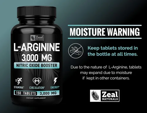 Vista 4 de Zeal Naturals Suplemento de L-Arginina – 3000 mg, 150 tabletas Refuerzo de óxido nítrico Suplemento de arginina L para hombres y mujeres Apoya