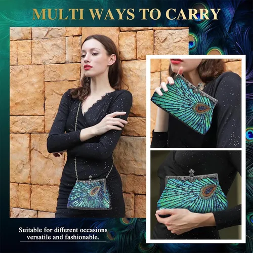Vista 2 de UBORSE Bolsos de embrague de noche de pavo real con lentejuelas con cuentas Bolso de noche vintage Bolso de boda de fiesta de 1920