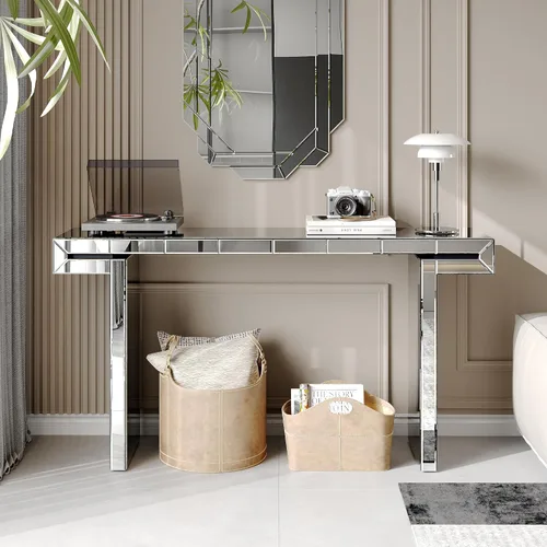 Vista 12 de Henf Escritorio de tocador con espejo para dormitorio, mesa de tocador de maquillaje, mesa de sofá con 2 cajones de diamantes sintéticos, moderno