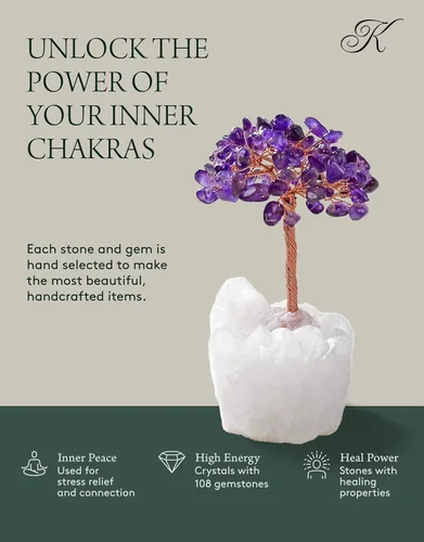 Vista 2 de KALIFANO Amatista natural (más de 100 piedras preciosas!) Árbol de cristal de chakra con base de racimo de cuarzo, árbol de dinero bonsái Feng Shui
