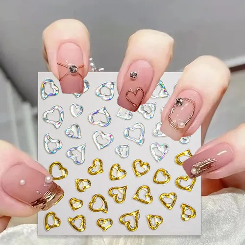Vista 4 de Calcomanías de arte de uñas en relieve dorado 5D, calcomanías de cristal suave, marcos geométricos irregulares, calcomanías de corazón, diseños