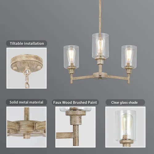 Vista 6 de Candelabros rústicos de madera falsa de 3 luces para comedor con cubierta de vidrio transparente