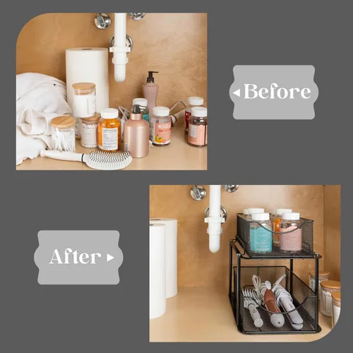 Vista 7 de Sorbus Organizador de metal para debajo del fregadero de 2 niveles para baño, cocina, cajones deslizantes de malla de acero fuerte para debajo