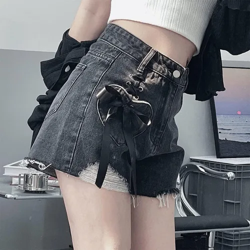 Vista 4 de ZLMuMulin Y2K Harajuku Style Kawaii Pastel Gothic Fashion High Waist Wide Leg Vintage Ribbon Ripped Jeans Shorts