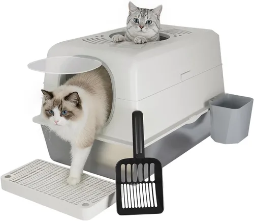 Vista 8 de Caja de arena XL de acero inoxidable para gatos con tapa, diseño cerrado de entrada superior, caja de arena grande de metal para gatos equipada