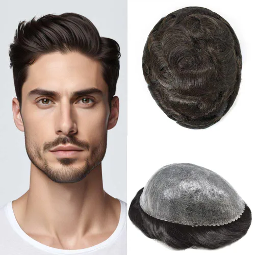 Vista 241 de Toupee para hombre 100% cabello humano real tupé para hombres 0.004 in piel de poliuretano para hombre, sistema de reemplazo de piezas de pelo