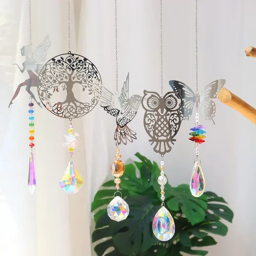 Vista 2 de Atrapasoles de cristal con prismas para ventana colgante, decoración de arco iris para interiores, búho, colibrí, mariposa, prisma, regalo, paquete