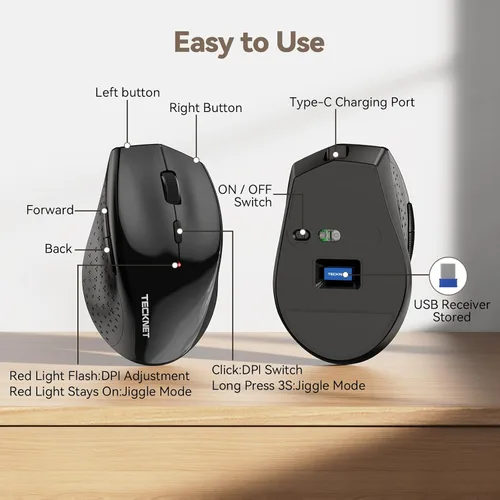 Vista 8 de TECKNET Ratón Inalámbrico Jiggler, Ratón Recargable de Clic Silencioso, Plug & Play con Adaptador USB-C, Ratón Ergonómico de 6400 DPI, Mover