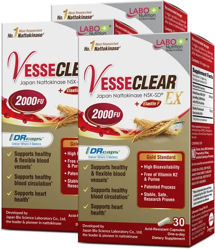 Vista 10 de LABO Nutrition VesseCLEAR EX: Nattokinase NSK-SD+Elastina F para Vasos Sanguíneos Limpios y Flexibles. Japón con la Mayor Prueba de Investigación