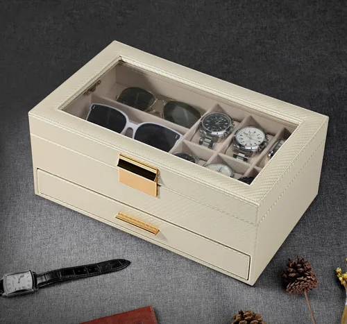 Vista 5 de LANDICI Caja de reloj para hombres y mujeres, 2 capas de piel sintética, organizador de relojes, caja de almacenamiento grande, caja de joyería