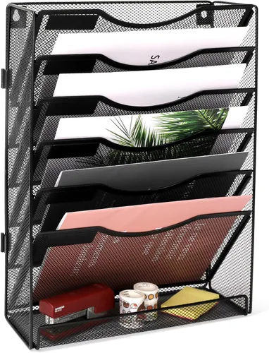 Vista 2 de EasyPAG Organizador de archivos de pared de 7 niveles de malla para colgar en la pared, carpeta de documentos, archivador, revistero con etiqueta