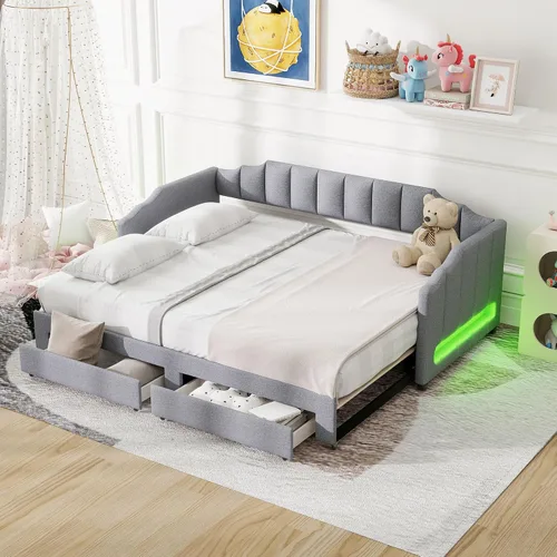 Vista 27 de Cama Diván Moderna Tamaño Twin XL con Cinturón LED y Cama Nido, Marco de Cama Plataforma de Madera con Cabecera Tapizada con Almacenamiento, Sofá