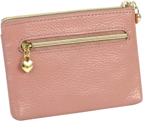 Vista 2 de Monedero de cuero genuino para mujer, con cremallera, tamaño de bolsillo, rosa oscuro
