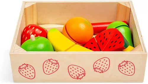 Vista 5 de Bigjigs Toys Caja de madera para cortar frutas con tabla de cortar y cuchillo - Juguetes de comida para jugar