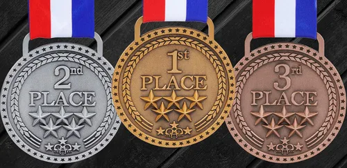 Vista 5 de Medallas de bronce dorado y plateado para premios de trofeo del 1er 2º y 3er lugar, acabado brillante o antiguo con cinta de satén roja, blanca