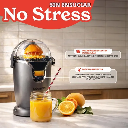 Vista 3 de Gourmia Exprimidor de Cítricos Automático de Mano con Operación de Un Toque - Cono Universal, Boquilla Antigoteo, Accesorios Aptos