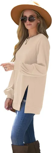 Vista 4 de WIHOLL Sudadera para mujer con cuello redondo, manga de globo, dobladillo dividido, elegante y casual