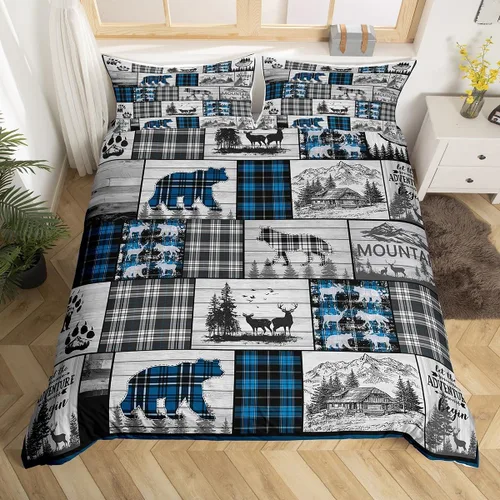 Vista 46 de Funda de edredón de cabaña marrón retro, juego de ropa de cama de retazos con diseño de oso del bosque, ciervos para cabaña rústica, funda de Multi
