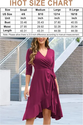Vista 4 de IHOT Vestido de trabajo para mujer con cuello en V profundo manga 34 fruncido y fruncido con volantes casual cóctel fiesta