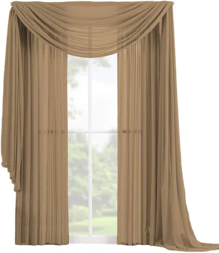 Vista 12 de Decotex Juego de 3 cortinas de gasa transparente para ventana, incluye 2 paneles y 1 bufanda a juego (120 pulgadas de largo, chocolate)