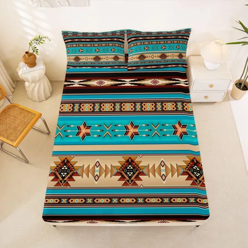 Vista 52 de Juego de ropa de cama de estilo bohemio occidental, tamaño individual, diseño de vaca atrapasueños, sábana bajera ajustable del suroeste, tribu