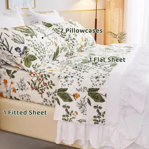 Vista 5 de QSH Sábanas 100% Algodón para Cama Tamaño Queen, Patrón Botánico de Plantas con Flores Amarillas, Sábanas de Cama Florales Impresas de Algodón