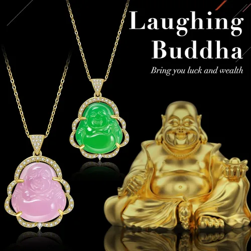 Vista 5 de MTLEE 2 piezas de collar con colgante de Buda sonriente para mujeres y hombres, collar de cadena de Buda sonriente de jade, joyería de amuleto