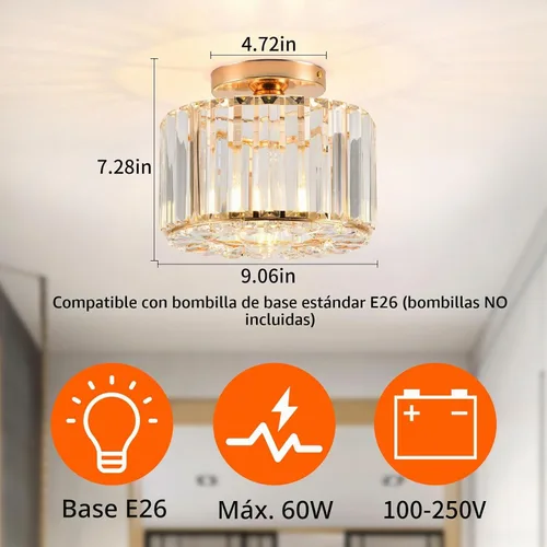 Vista 4 de Lámpara de techo de cristal, lámpara de techo semiempotrada de cristal dorado para dormitorio, cocina, pasillo, entrada, balcón, comedor, sala