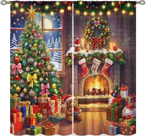 Vista 10 de Cortinas de Navidad lindas de invierno, vacaciones, regalos de Navidad, copos de nieve, elfo, sala de estar, cortinas de ventana de 42 x 45